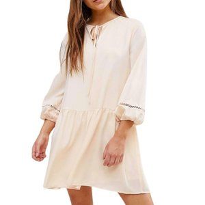 New After Market Blouson Sleeve Tie Neck Smock Mini Dress Champagne Size Large